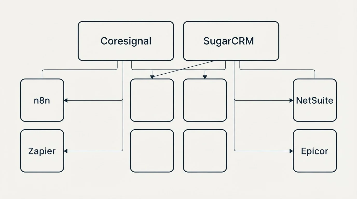 Integration grid: Integration Ecosystem (Coresignal, SugarCRM, n8n, NetSuite)