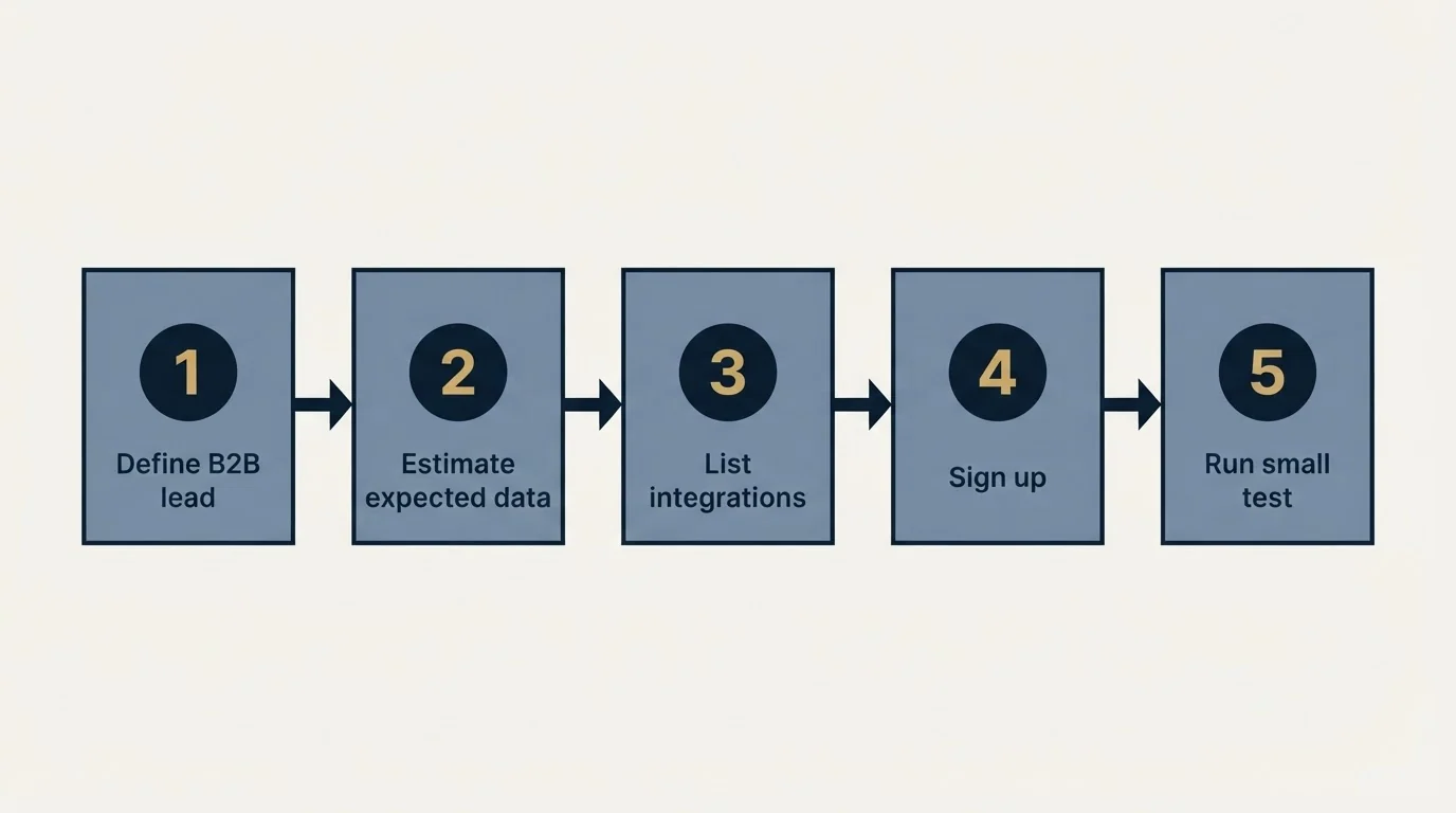 Step sequence: Getting Started Checklist (Define B2B lead, Estimate expected data, List integrations, Sign up)