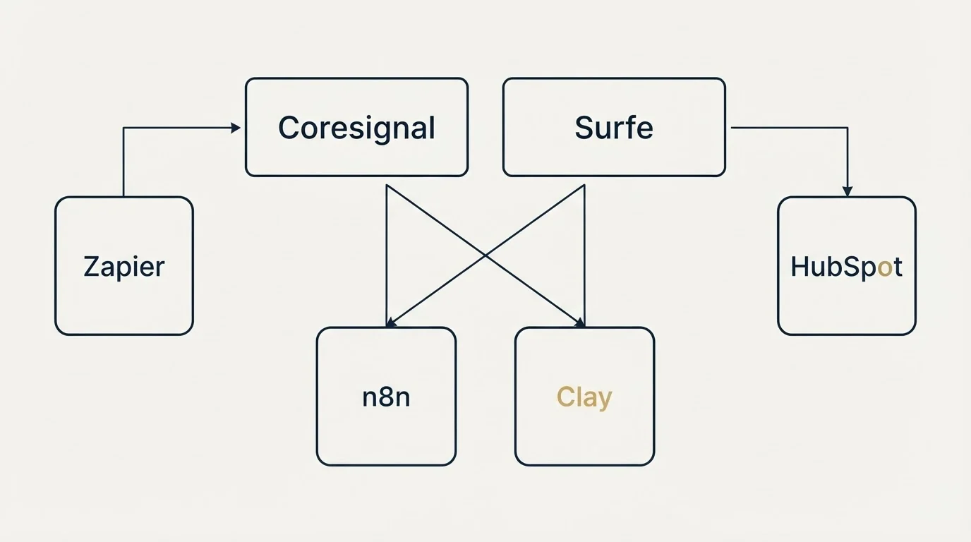 Integration grid: Integration Ecosystem (Coresignal, Surfe, n8n, Clay)