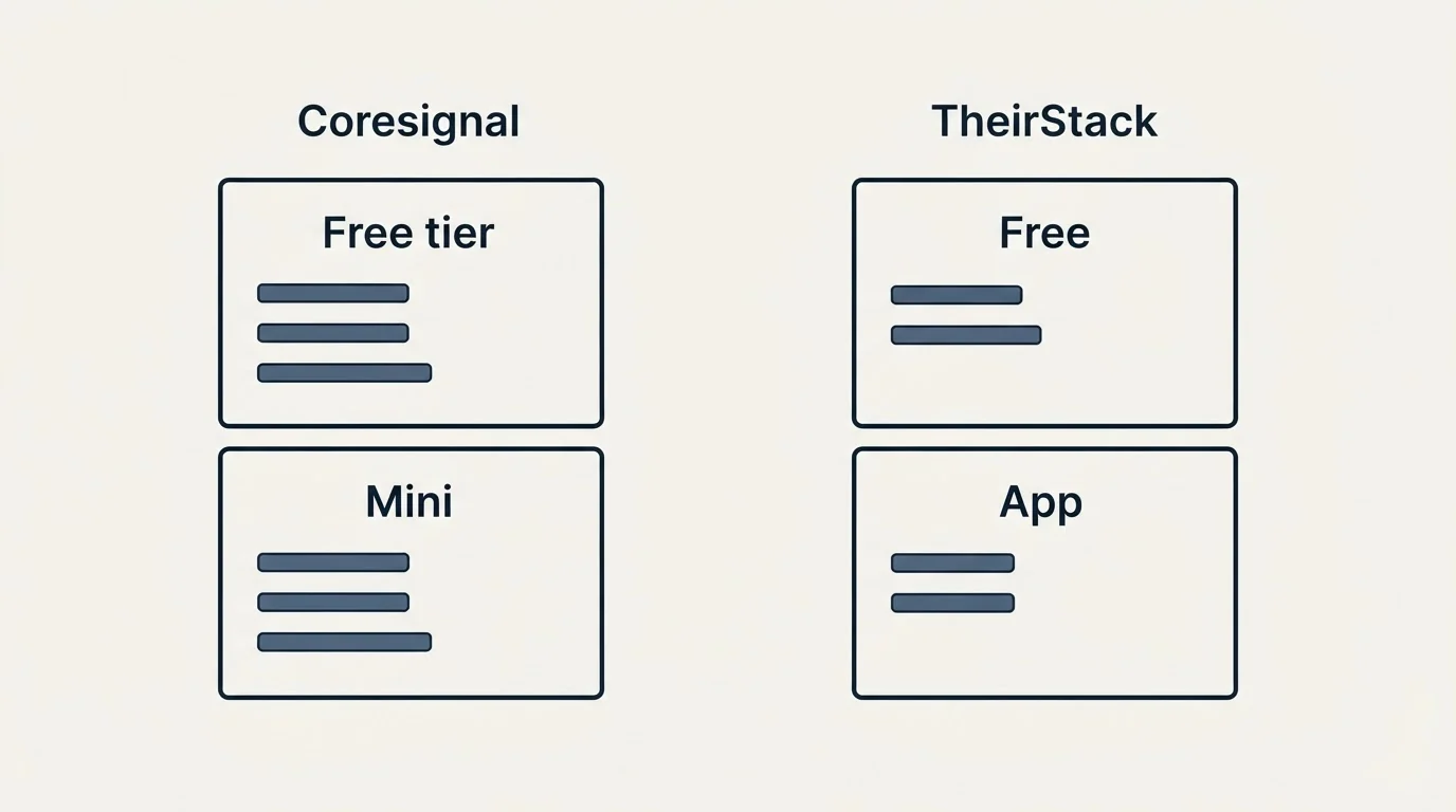 Pricing panels: Pricing Comparison (Coresignal, TheirStack, Free tier, Free)