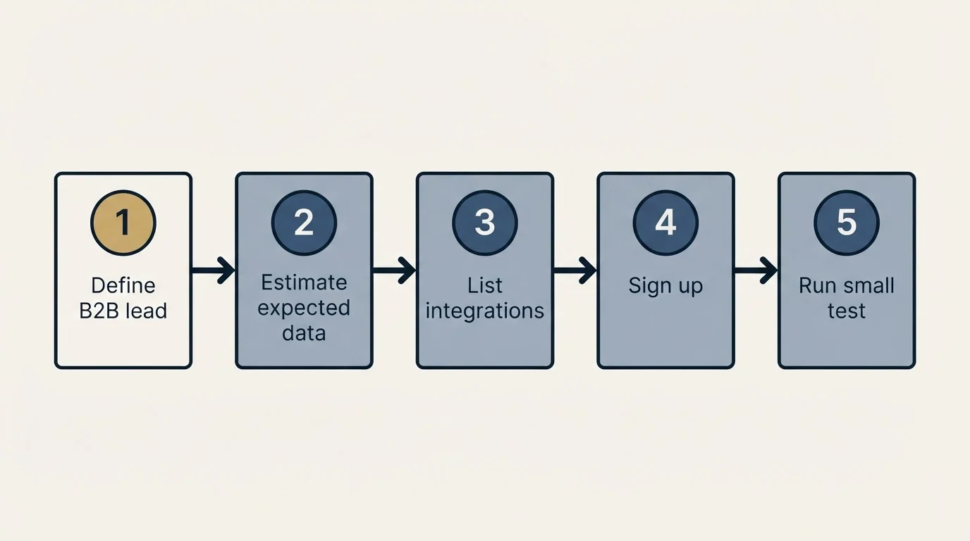 Step sequence: Getting Started Checklist (Define B2B lead, Estimate expected data, List integrations, Sign up)