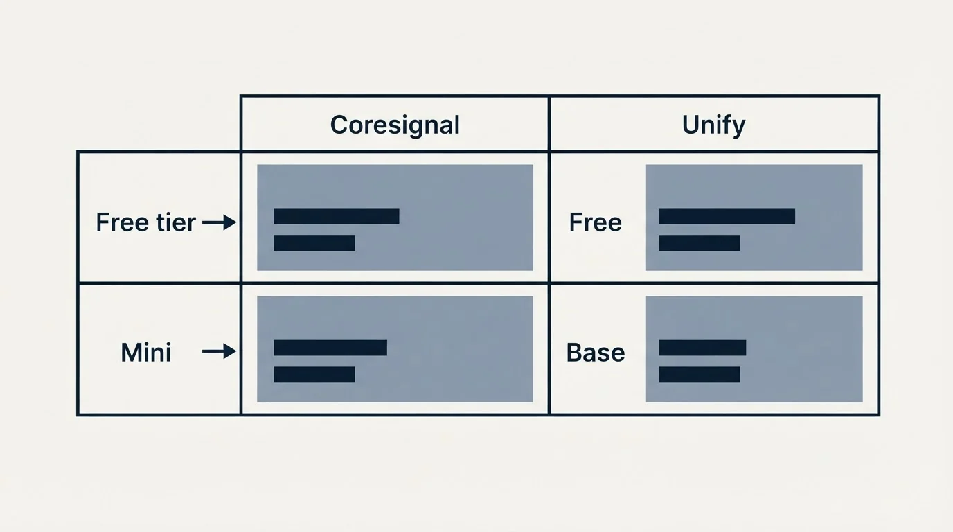 Pricing table: Pricing Comparison (Coresignal, Unify, Free tier, Free)