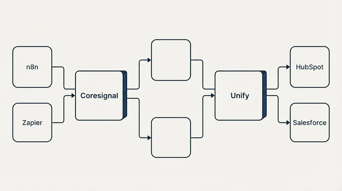 Integration flow: Integration Ecosystem (Coresignal, Unify, n8n, HubSpot)