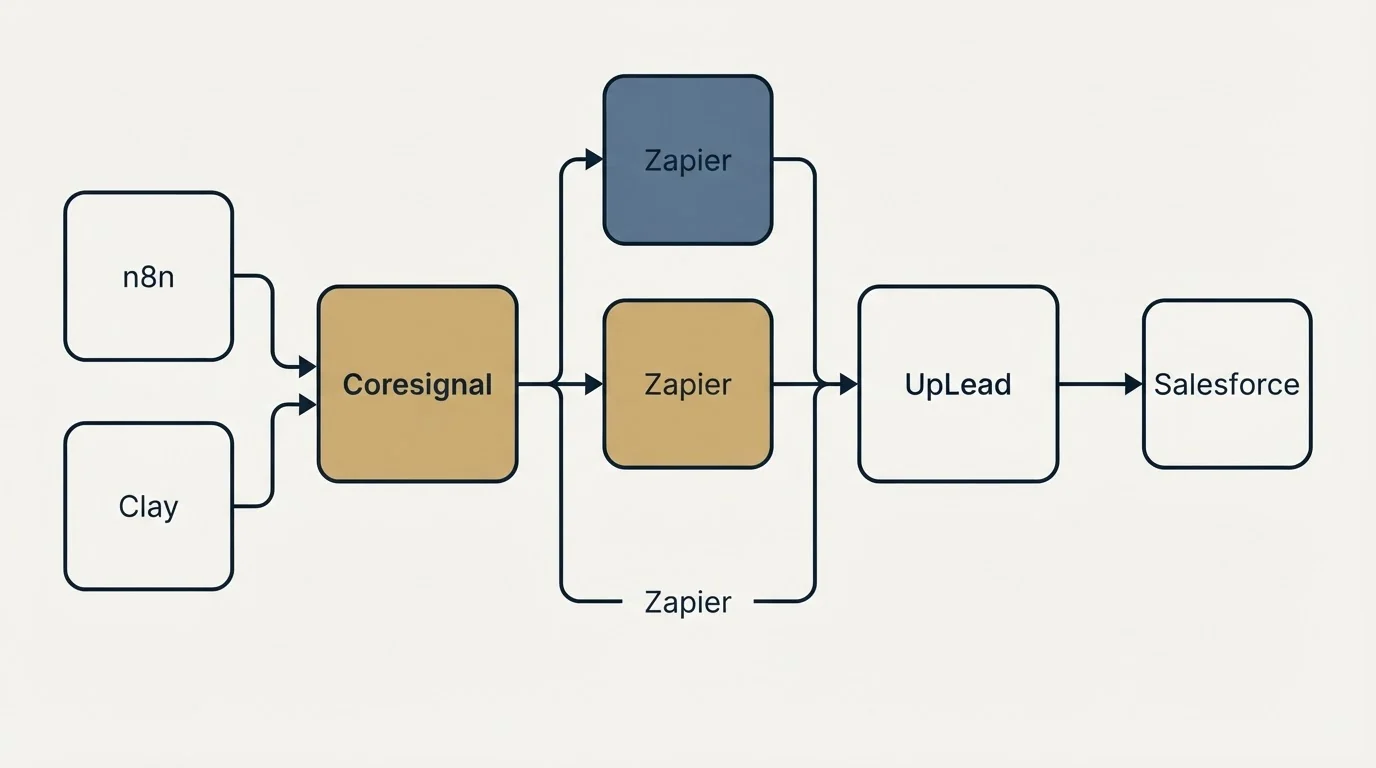 Integration flow: Integration Ecosystem (Coresignal, UpLead, Zapier, n8n)