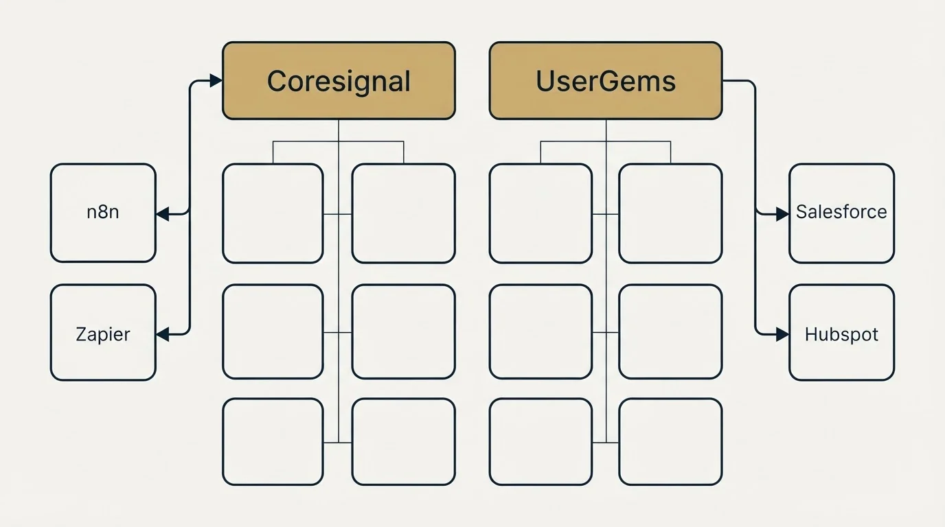 Integration grid: Integration Ecosystem (Coresignal, UserGems, n8n, Salesforce)
