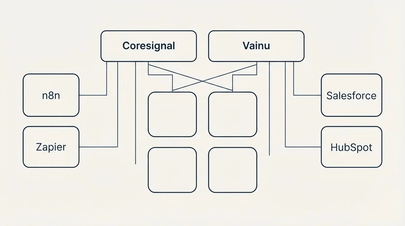 Integration grid: Integration Ecosystem (Coresignal, Vainu, n8n, Salesforce)