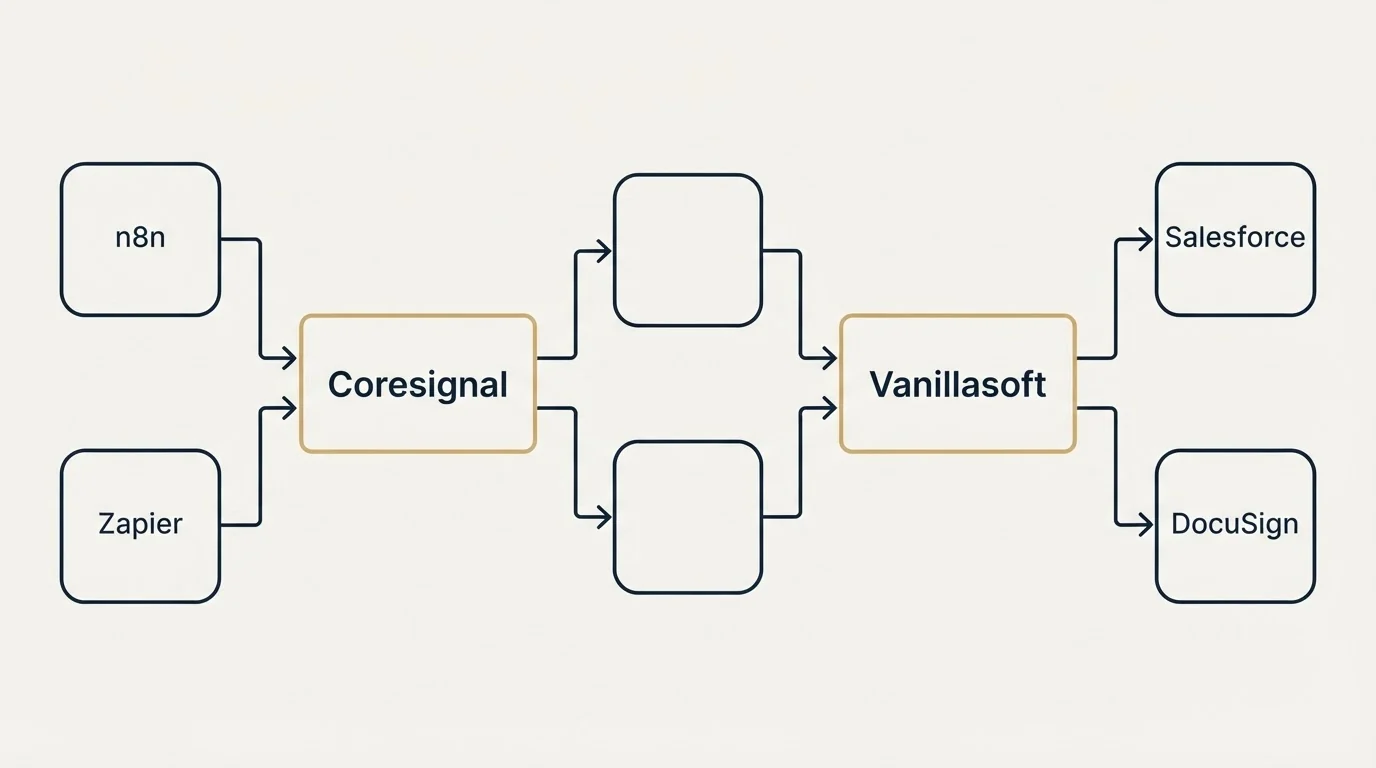 Integration flow: Integration Ecosystem (Coresignal, Vanillasoft, n8n, Salesforce)