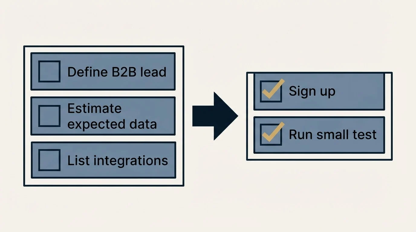Before-and-after steps: Getting Started Checklist (Define B2B lead, Estimate expected data, List integrations, Sign up)