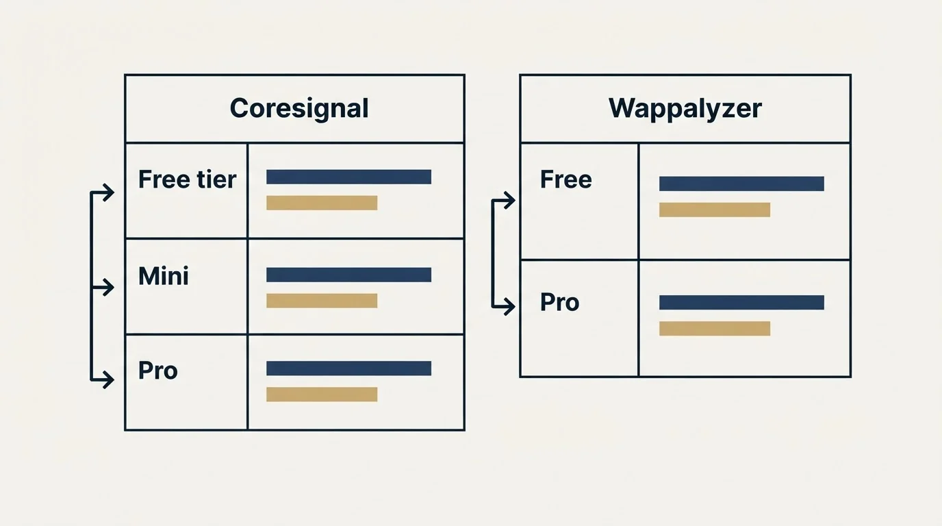 Pricing table: Pricing Comparison (Coresignal, Wappalyzer, Free tier, Free)