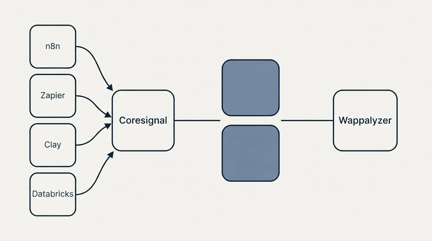 Integration flow: Integration Ecosystem (Coresignal, Wappalyzer, n8n, Zapier)