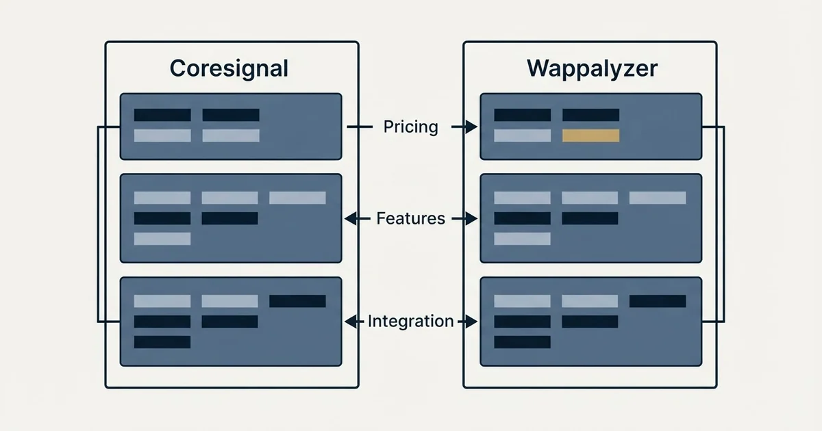 Comparison panel: Coresignal vs Wappalyzer (Pricing, Features, Integration)