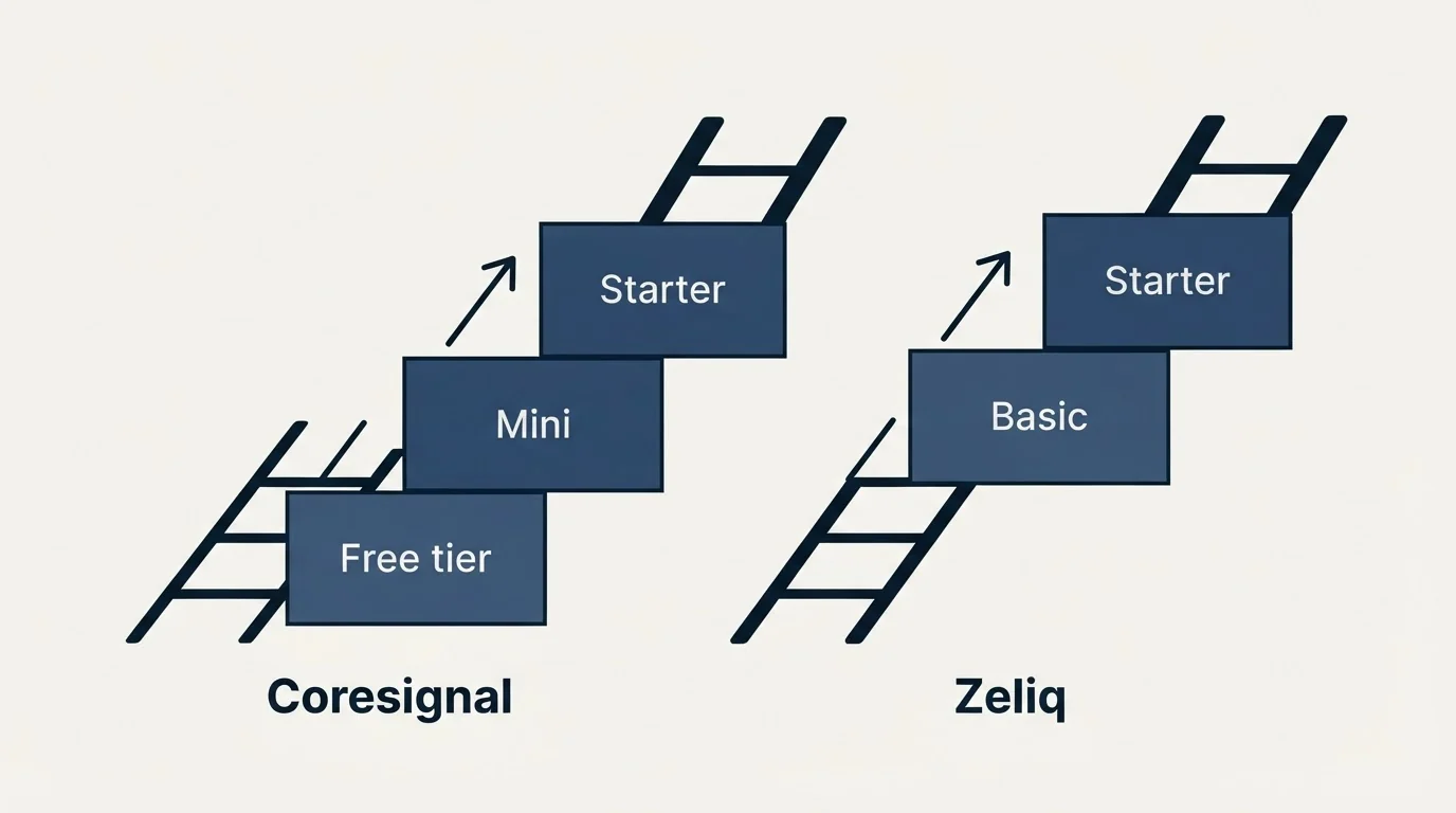 Pricing ladder: Pricing Comparison (Coresignal, Zeliq, Free tier, Basic)