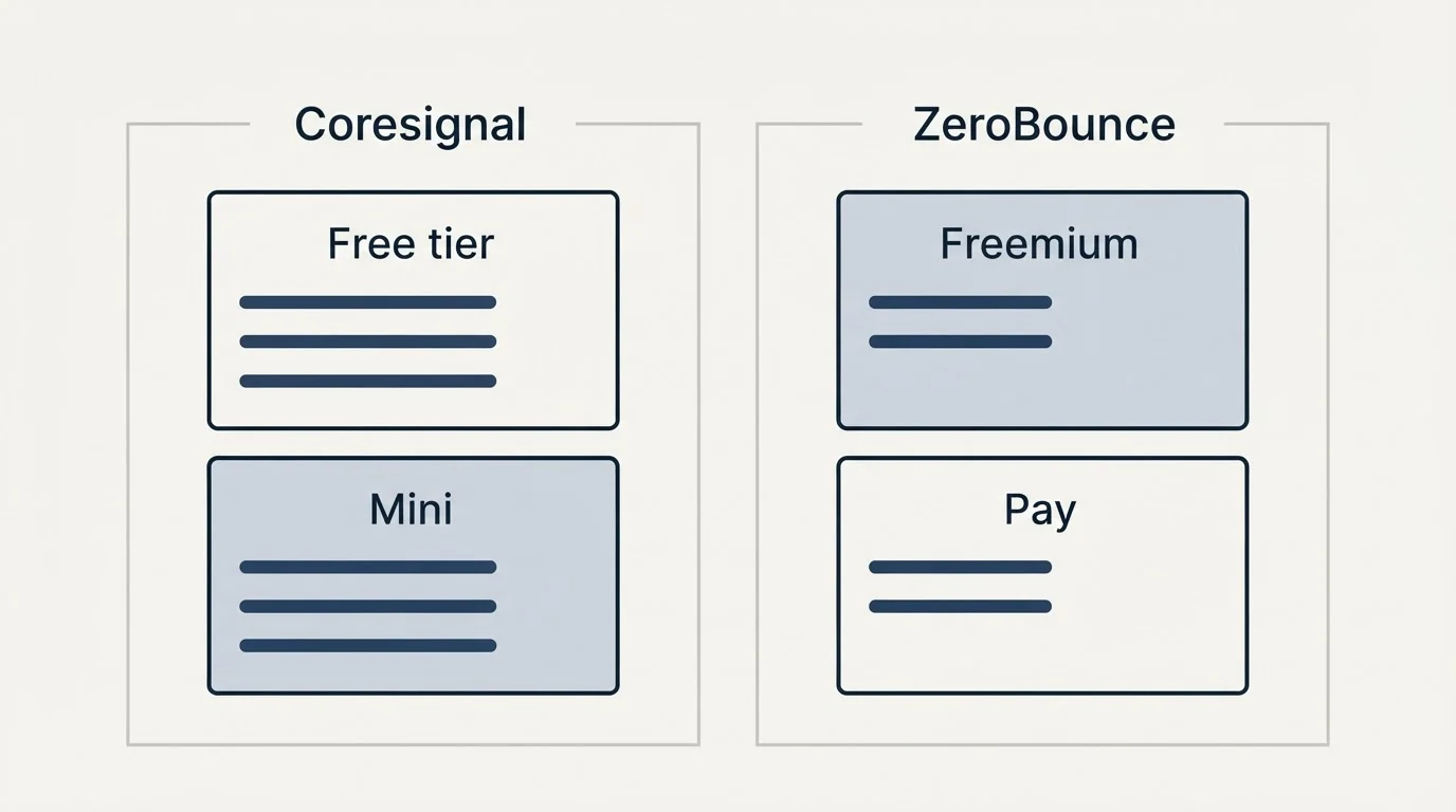 Pricing panels: Pricing Comparison (Coresignal, ZeroBounce, Free tier, Freemium)