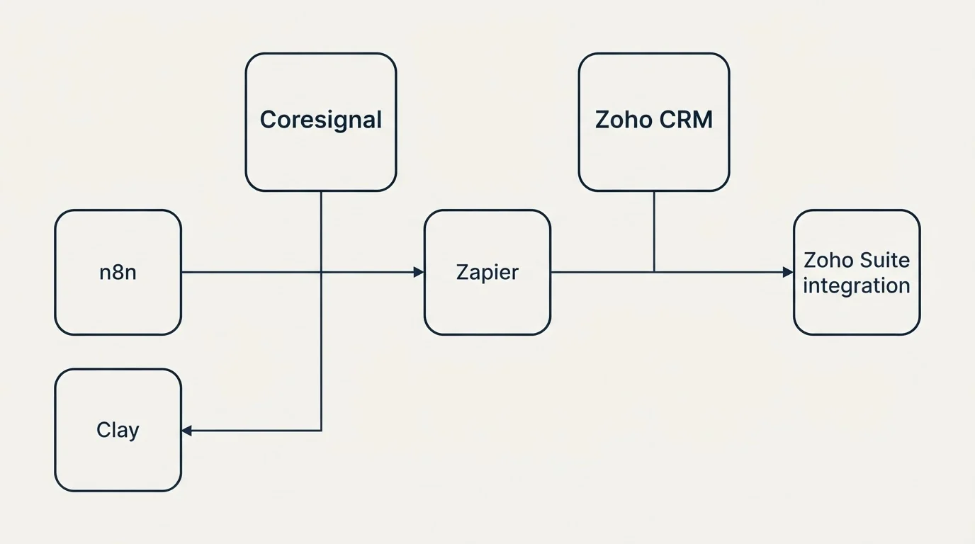 Integration grid: Integration Ecosystem (Coresignal, Zoho CRM, Zapier, n8n)