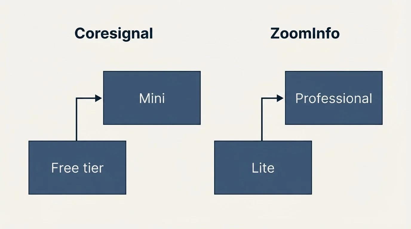 Pricing ladder: Pricing Comparison (Coresignal, ZoomInfo, Free tier, Lite)