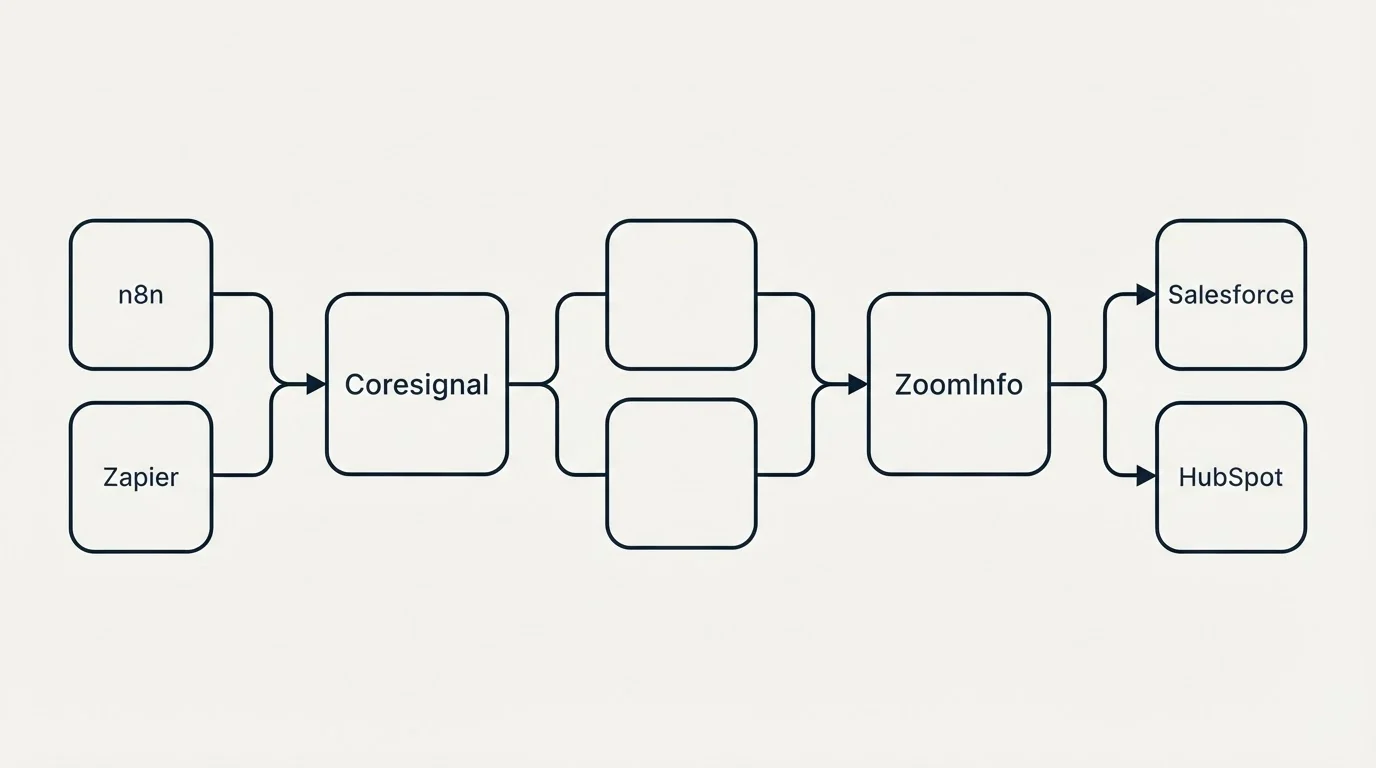Integration schematic: Integration Ecosystem (Coresignal, ZoomInfo, n8n, Salesforce)