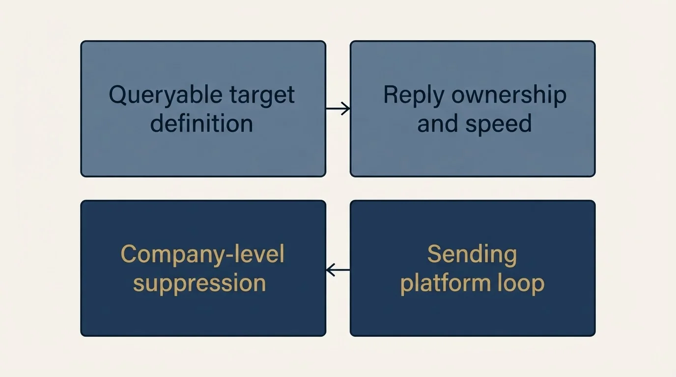 Schematic: How an outbound team uses it (Queryable target definition, Reply ownership and speed, Company-level suppression, Sending platform loop)