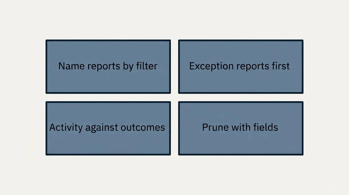 Schematic: What to do with it (Name reports by filter, Exception reports first, Activity against outcomes, Prune with fields)