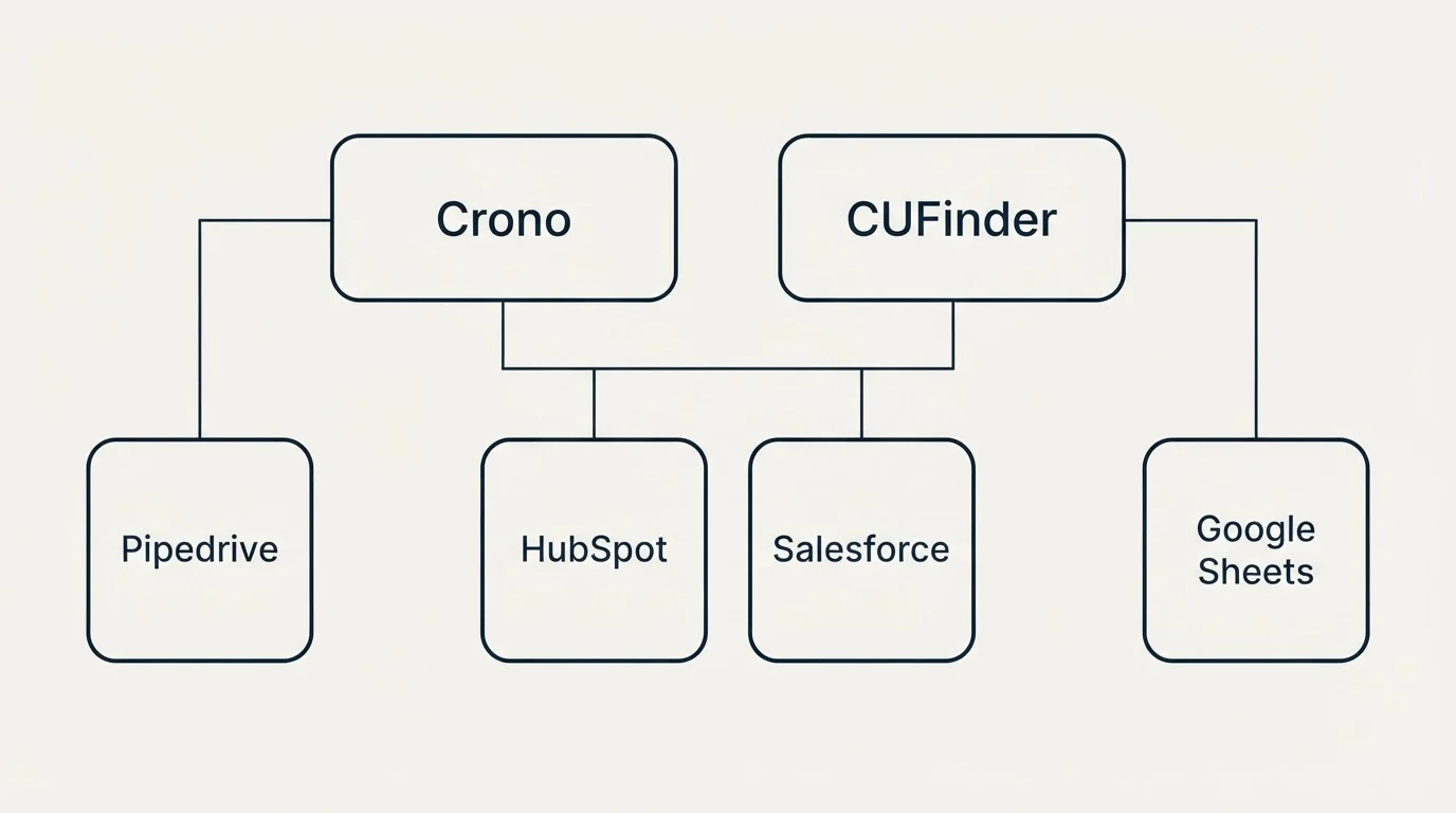 Integration grid: Integration Ecosystem (Crono, CUFinder, HubSpot, Salesforce)