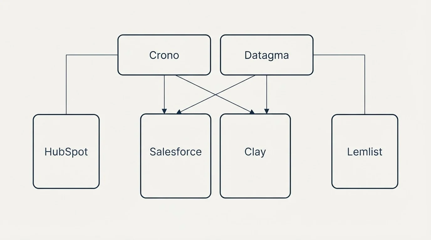 Integration grid: Integration Ecosystem (Crono, Datagma, Salesforce, Clay)