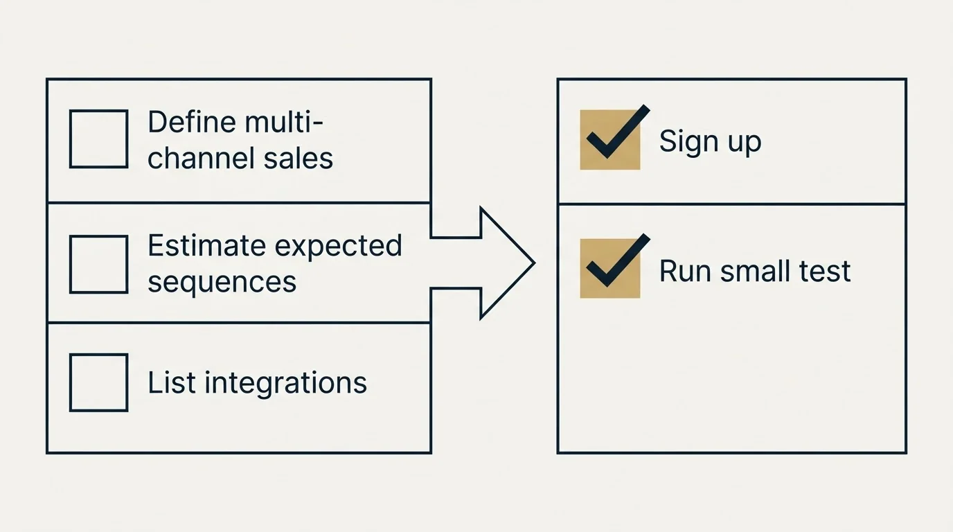 Before-and-after steps: Getting Started Checklist (Define multi-channel sales, Estimate expected sequences, List integrations, Sign up)