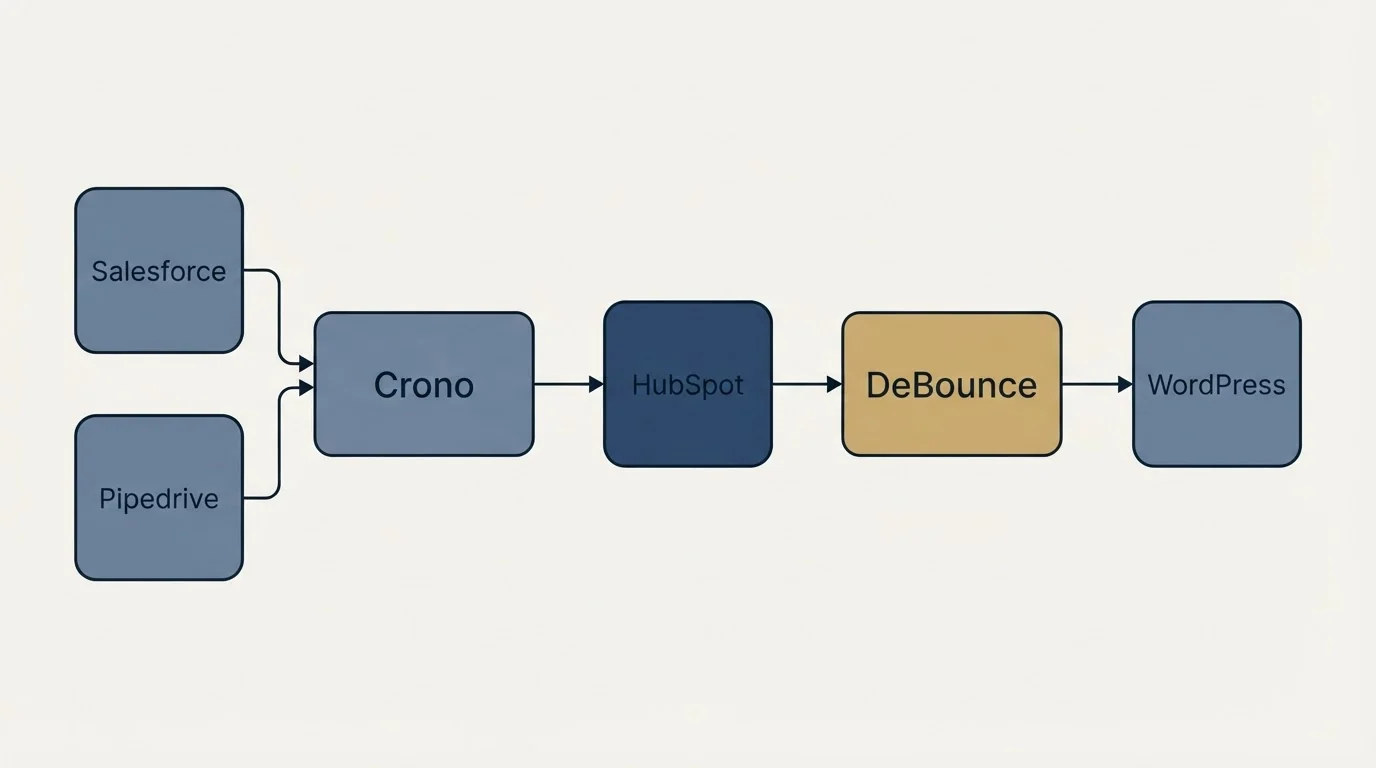 Integration schematic: Integration Ecosystem (Crono, DeBounce, HubSpot, Salesforce)