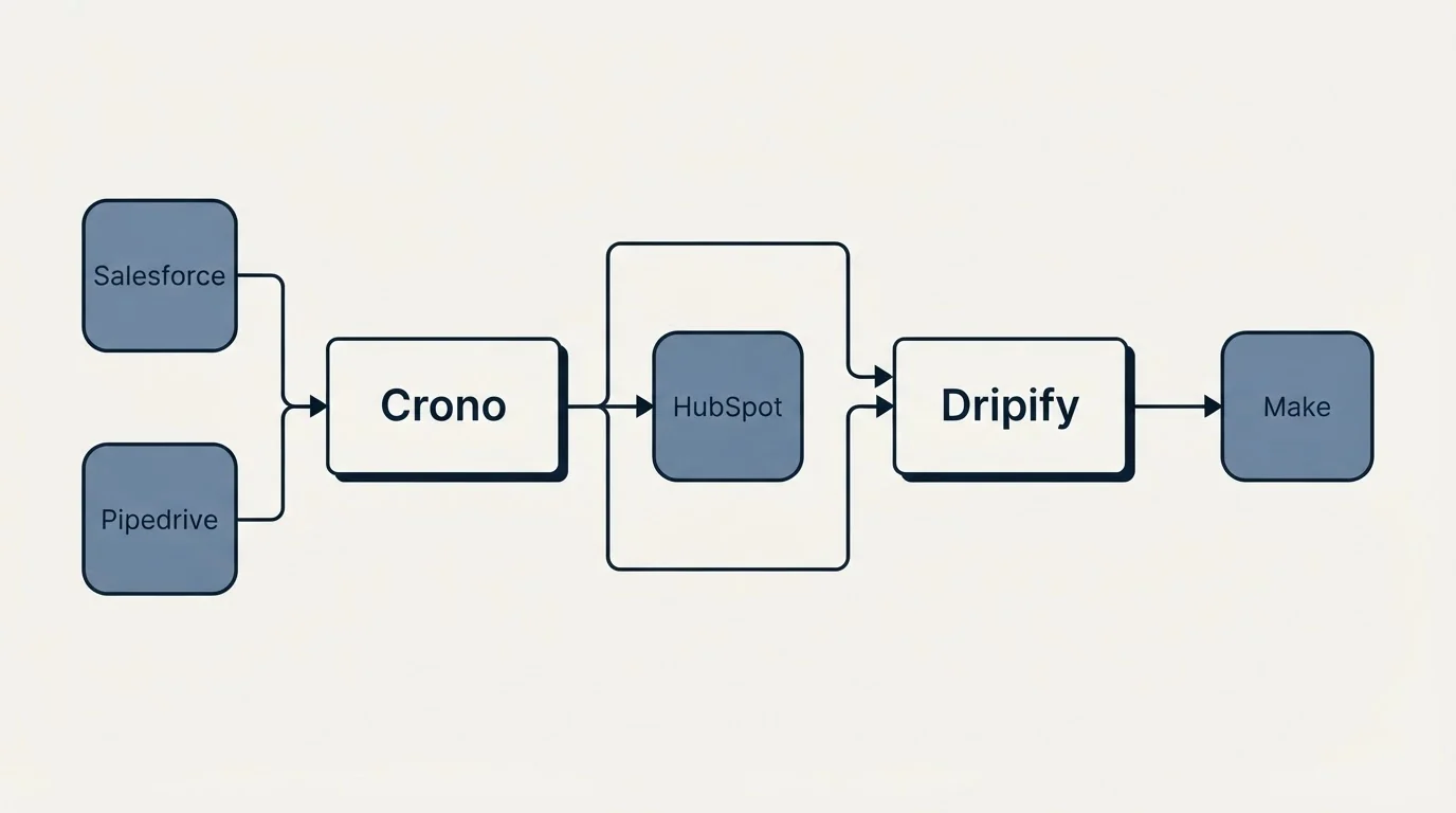 Integration flow: Integration Ecosystem (Crono, Dripify, HubSpot, Salesforce)
