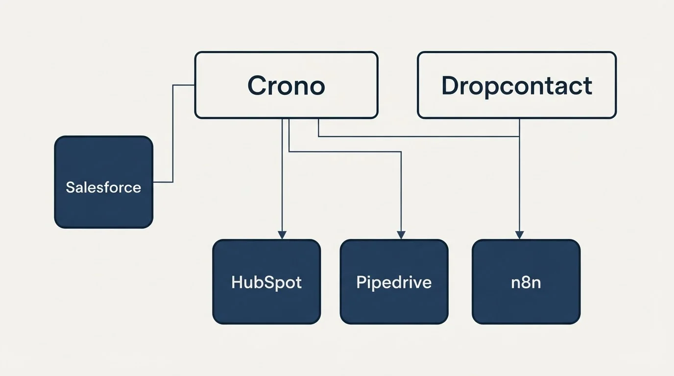 Integration grid: Integration Ecosystem (Crono, Dropcontact, HubSpot, Pipedrive)