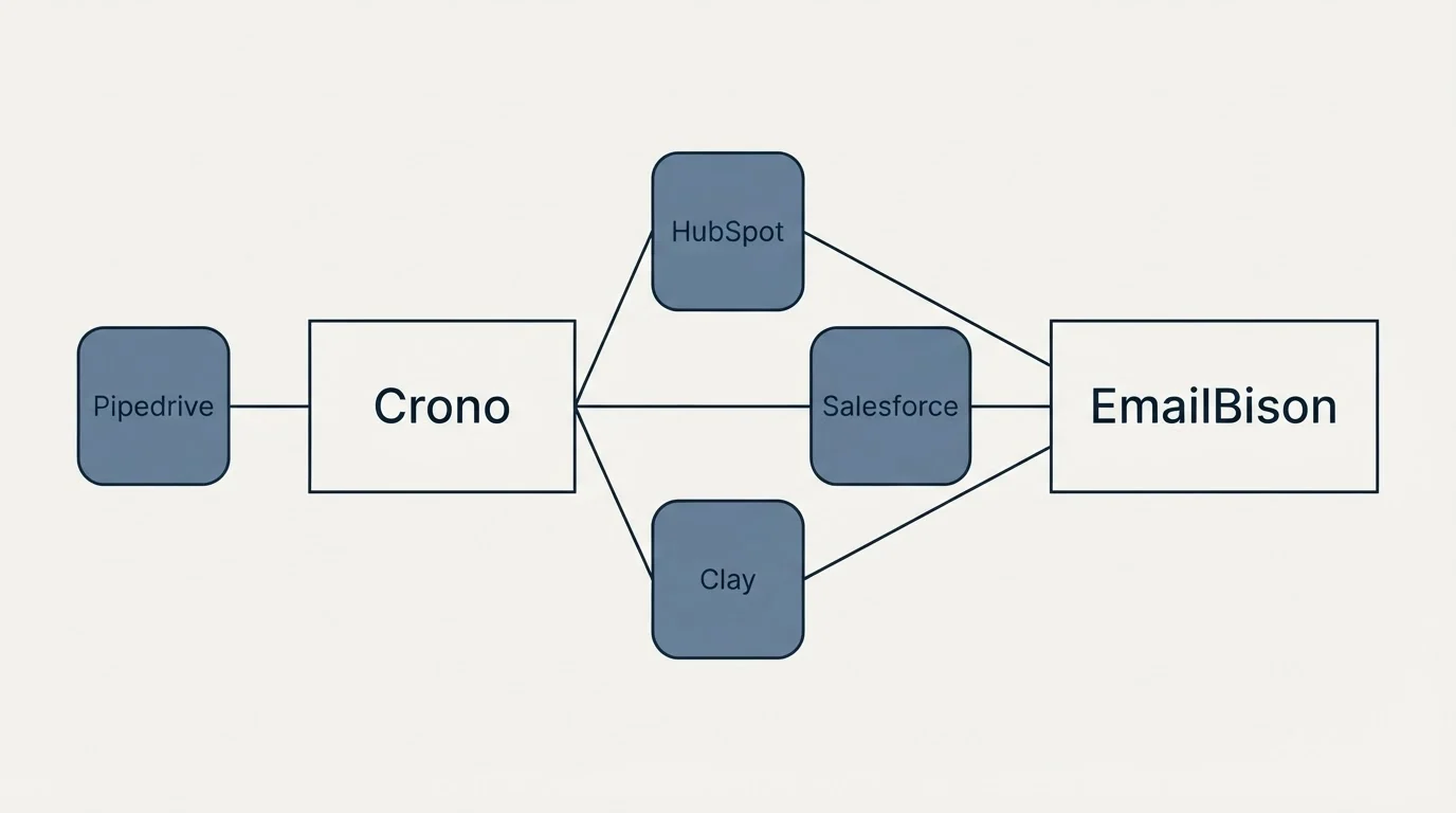 Integration schematic: Integration Ecosystem (Crono, EmailBison, HubSpot, Salesforce)