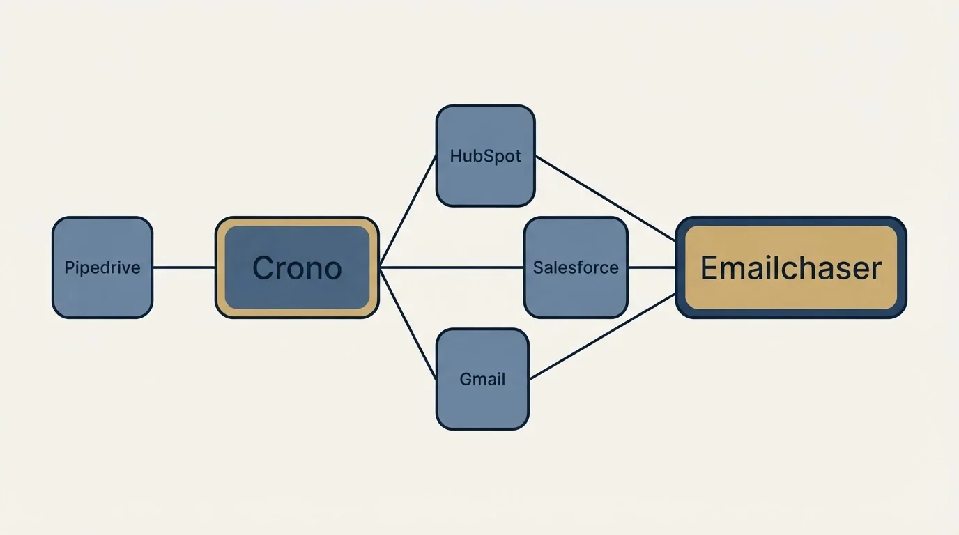 Integration schematic: Integration Ecosystem (Crono, Emailchaser, HubSpot, Salesforce)