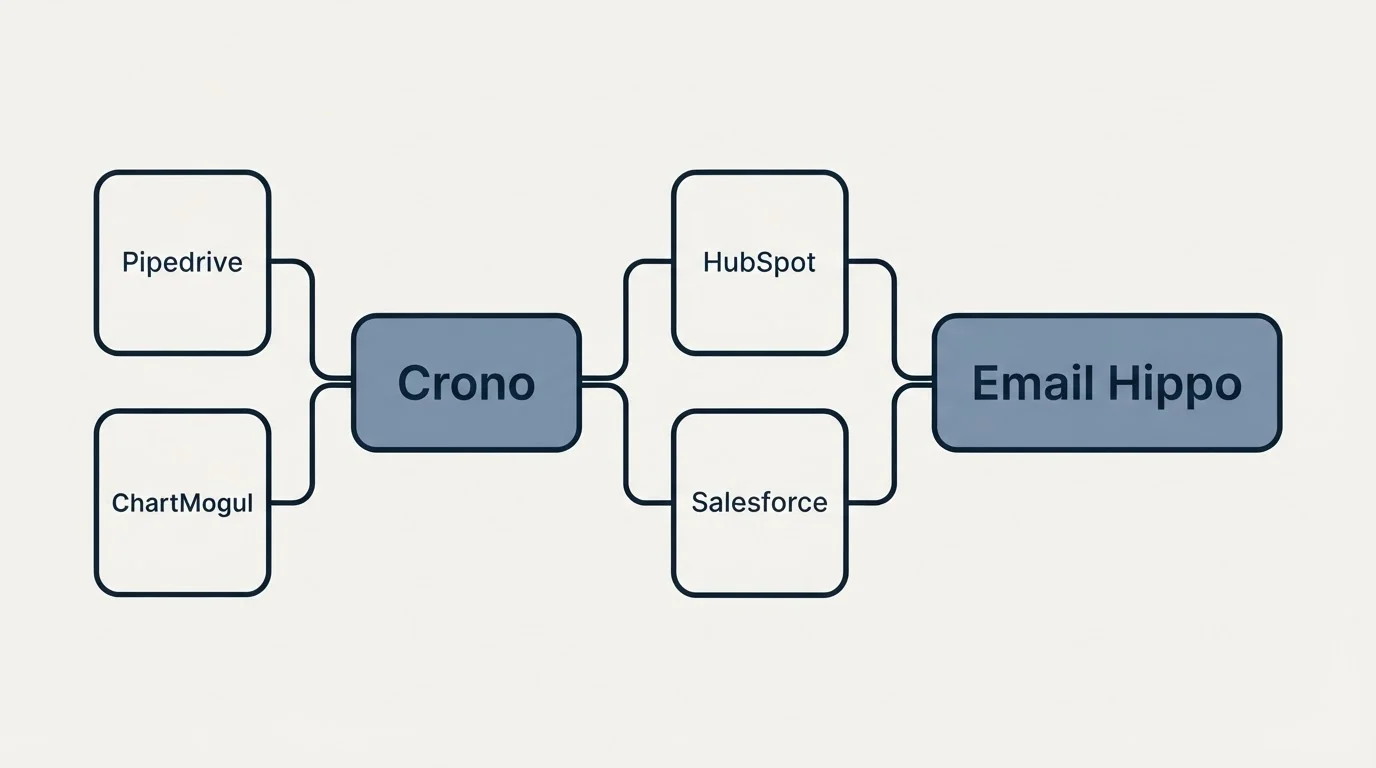 Integration schematic: Integration Ecosystem (Crono, Email Hippo, HubSpot, Salesforce)