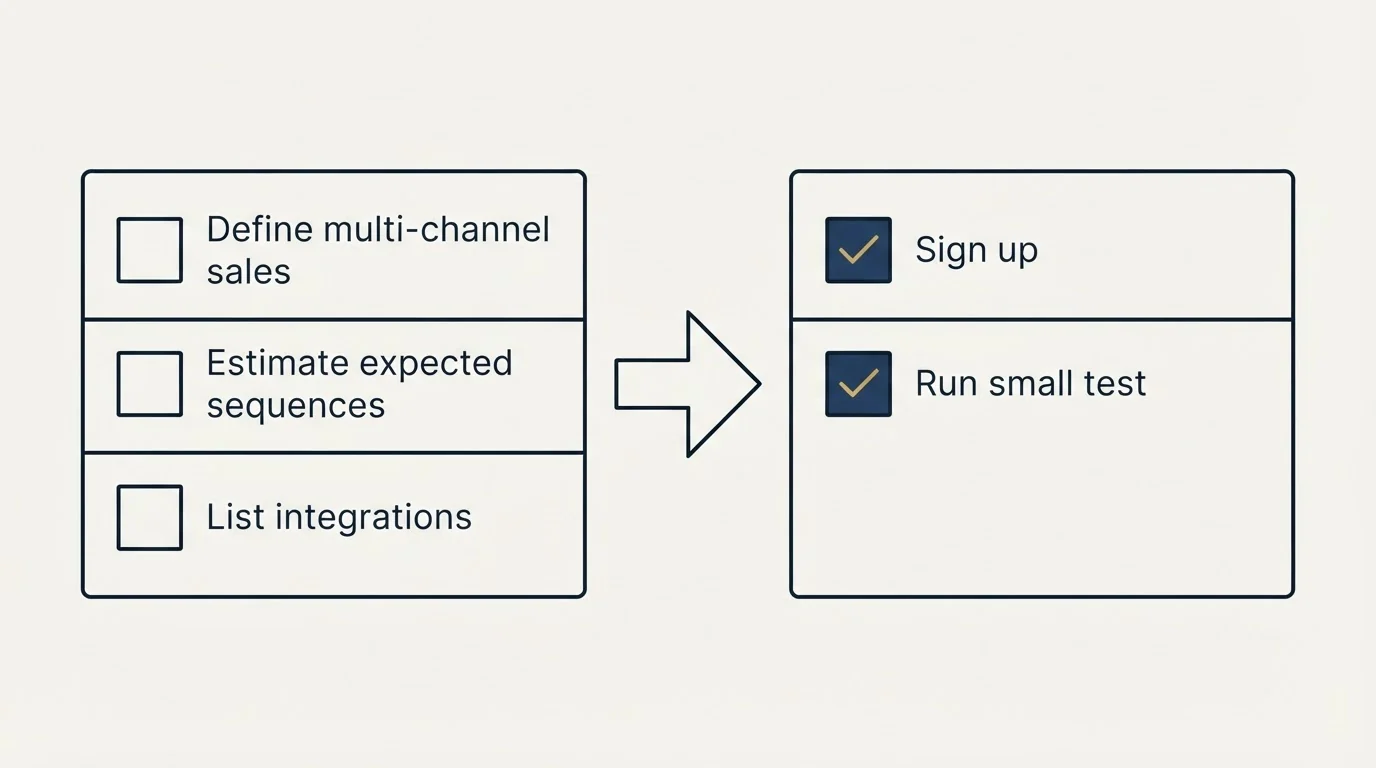 Before-and-after steps: Getting Started Checklist (Define multi-channel sales, Estimate expected sequences, List integrations, Sign up)