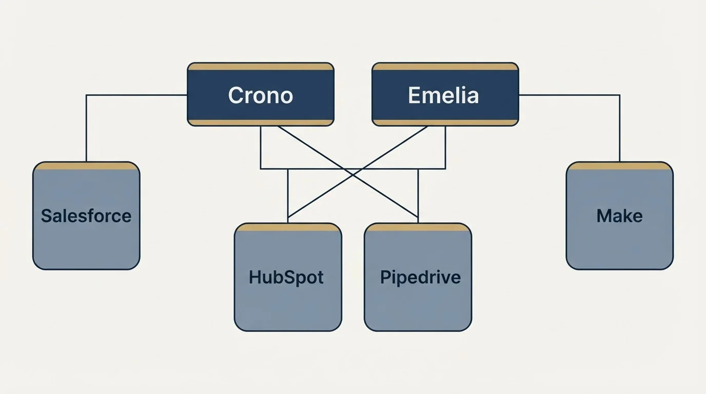 Integration grid: Integration Ecosystem (Crono, Emelia, HubSpot, Pipedrive)