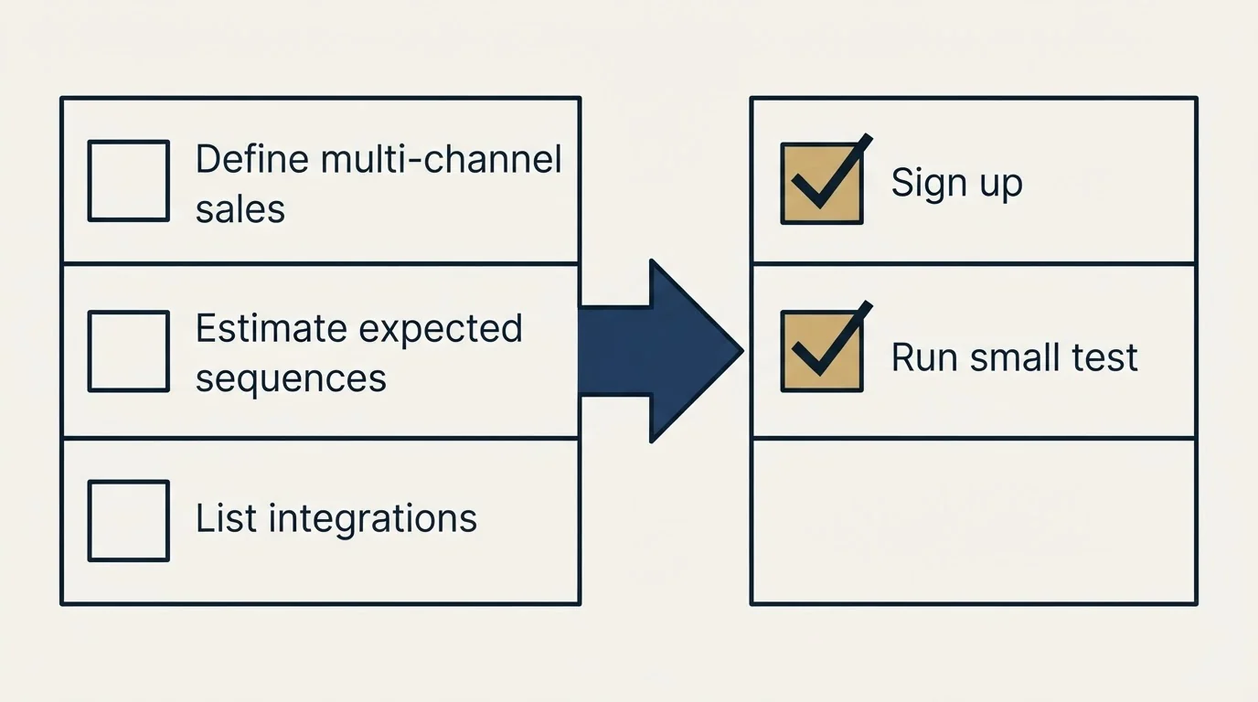 Before-and-after steps: Getting Started Checklist (Define multi-channel sales, Estimate expected sequences, List integrations, Sign up)