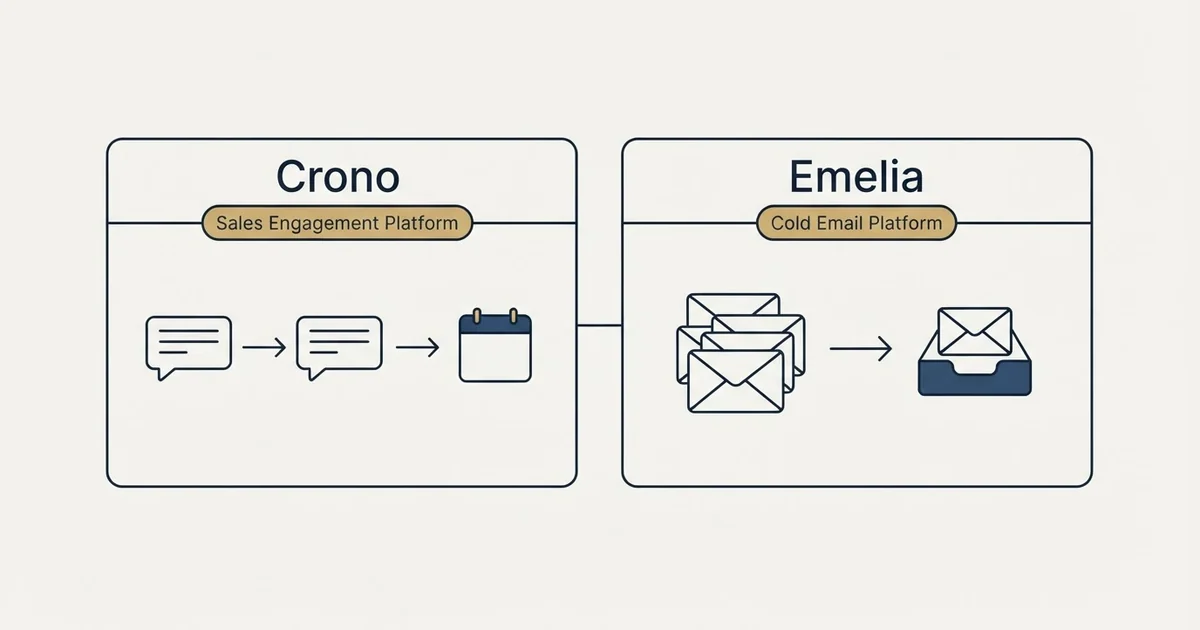 Side-by-side panels: Crono vs Emelia (Sales Engagement Platform, Cold Email Platform)