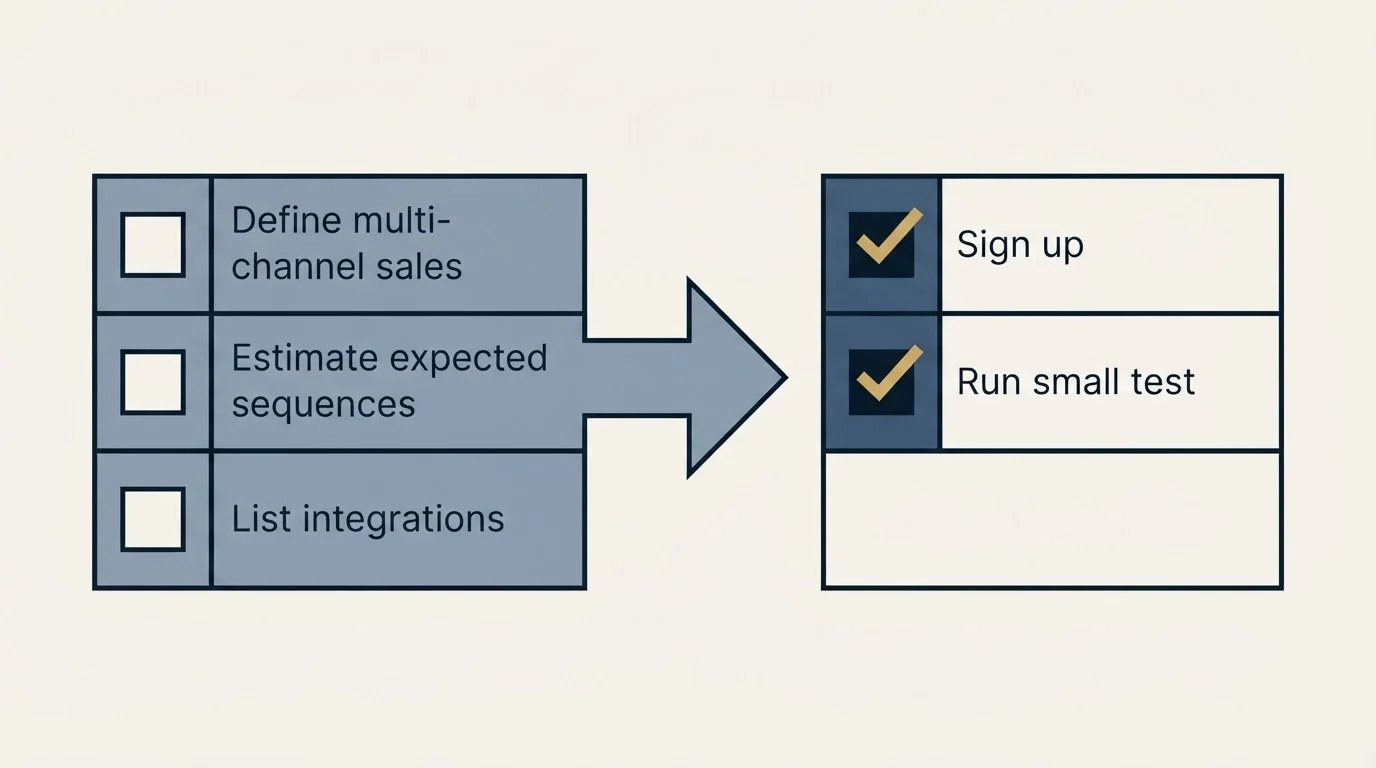 Before-and-after steps: Getting Started Checklist (Define multi-channel sales, Estimate expected sequences, List integrations, Sign up)