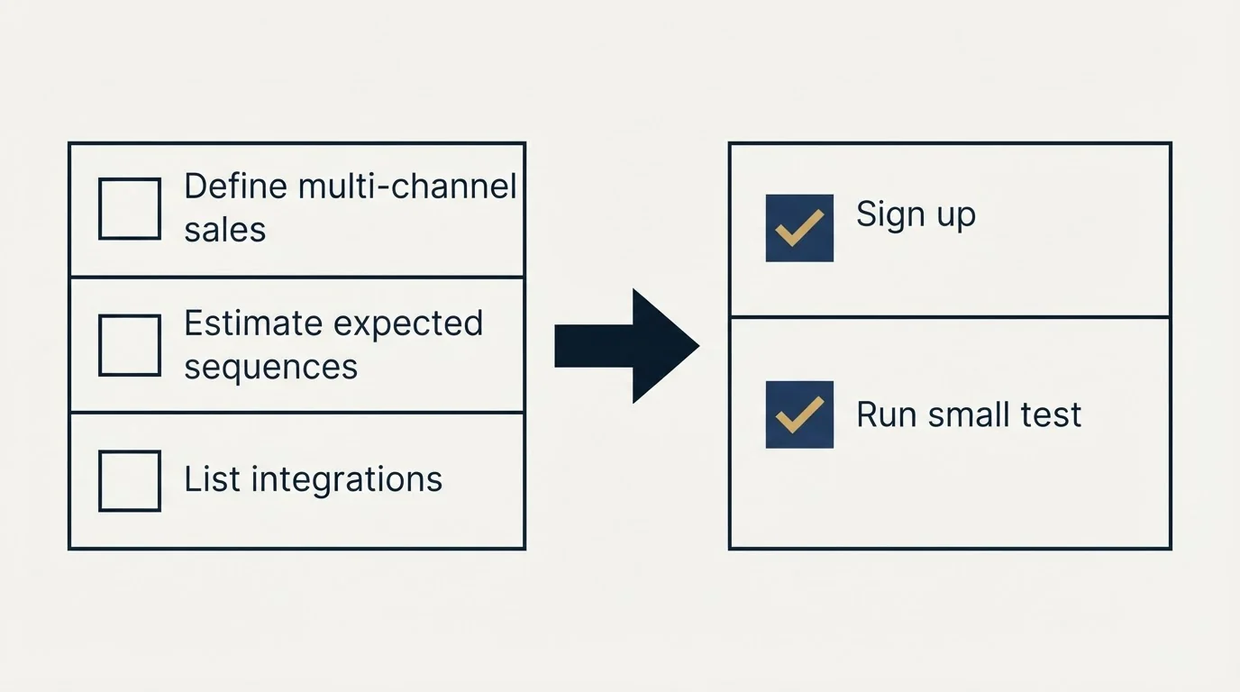 Before-and-after steps: Getting Started Checklist (Define multi-channel sales, Estimate expected sequences, List integrations, Sign up)