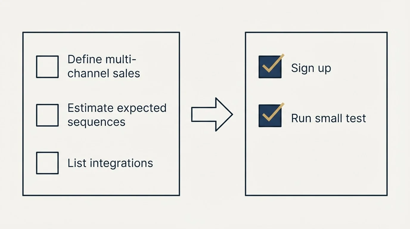 Before-and-after steps: Getting Started Checklist (Define multi-channel sales, Estimate expected sequences, List integrations, Sign up)