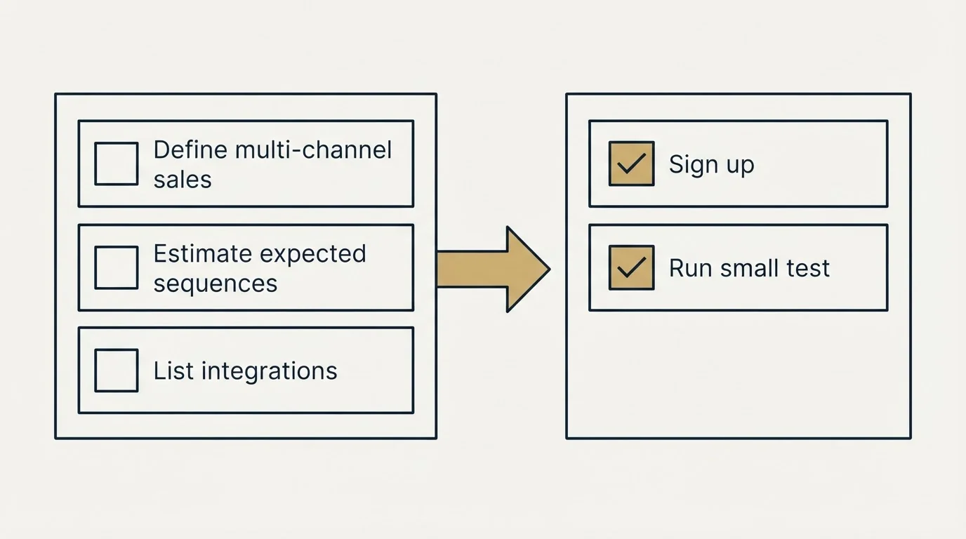 Before-and-after steps: Getting Started Checklist (Define multi-channel sales, Estimate expected sequences, List integrations, Sign up)