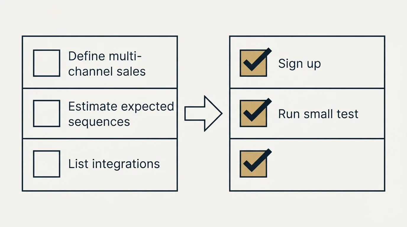 Before-and-after steps: Getting Started Checklist (Define multi-channel sales, Estimate expected sequences, List integrations, Sign up)