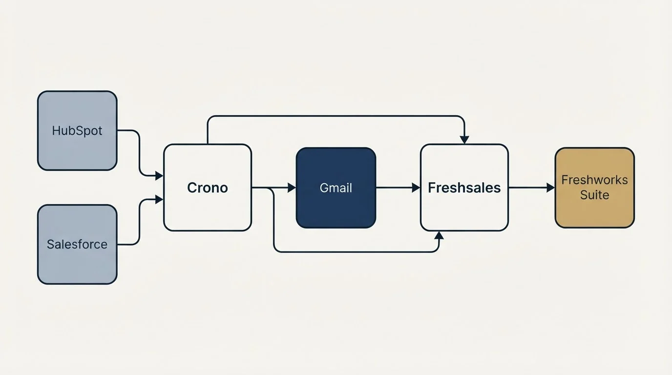 Integration schematic: Integration Ecosystem (Crono, Freshsales, Gmail, HubSpot)