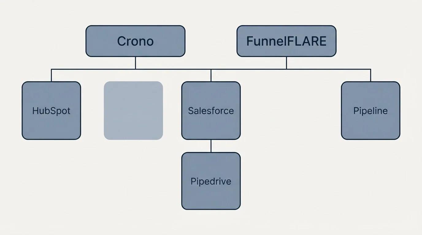 Integration grid: Integration Ecosystem (Crono, FunnelFLARE, Salesforce, Pipedrive)