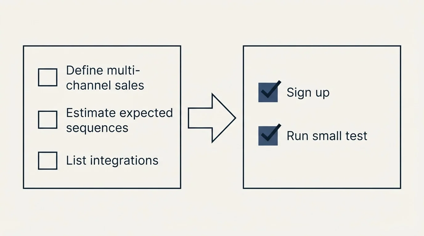Before-and-after steps: Getting Started Checklist (Define multi-channel sales, Estimate expected sequences, List integrations, Sign up)