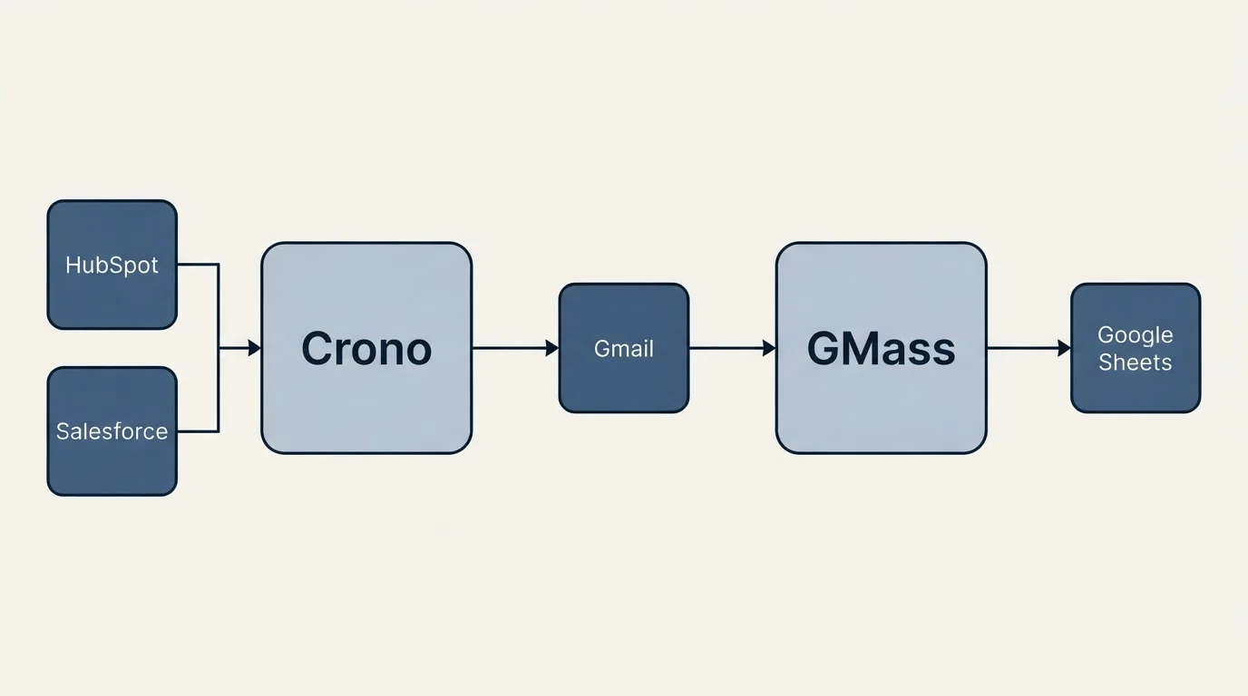 Integration flow: Integration Ecosystem (Crono, GMass, Gmail, HubSpot)