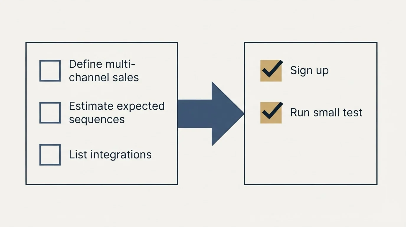 Before-and-after steps: Getting Started Checklist (Define multi-channel sales, Estimate expected sequences, List integrations, Sign up)