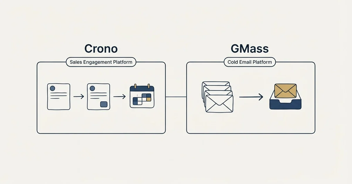 Side-by-side panels: Crono vs GMass (Sales Engagement Platform, Cold Email Platform)