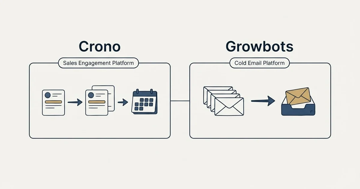 Side-by-side panels: Crono vs Growbots (Sales Engagement Platform, Cold Email Platform)
