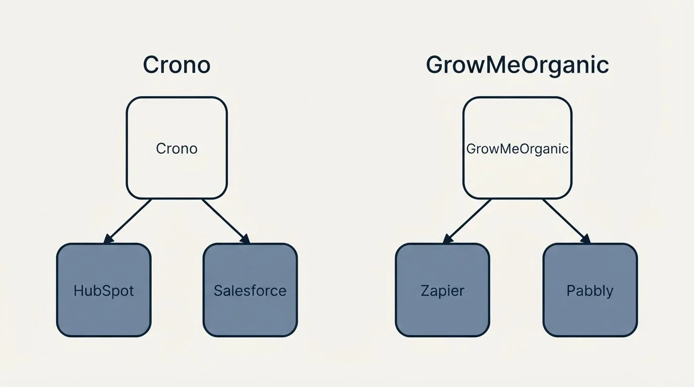 Integration schematic: Integration Ecosystem (Crono, GrowMeOrganic, HubSpot, Zapier)