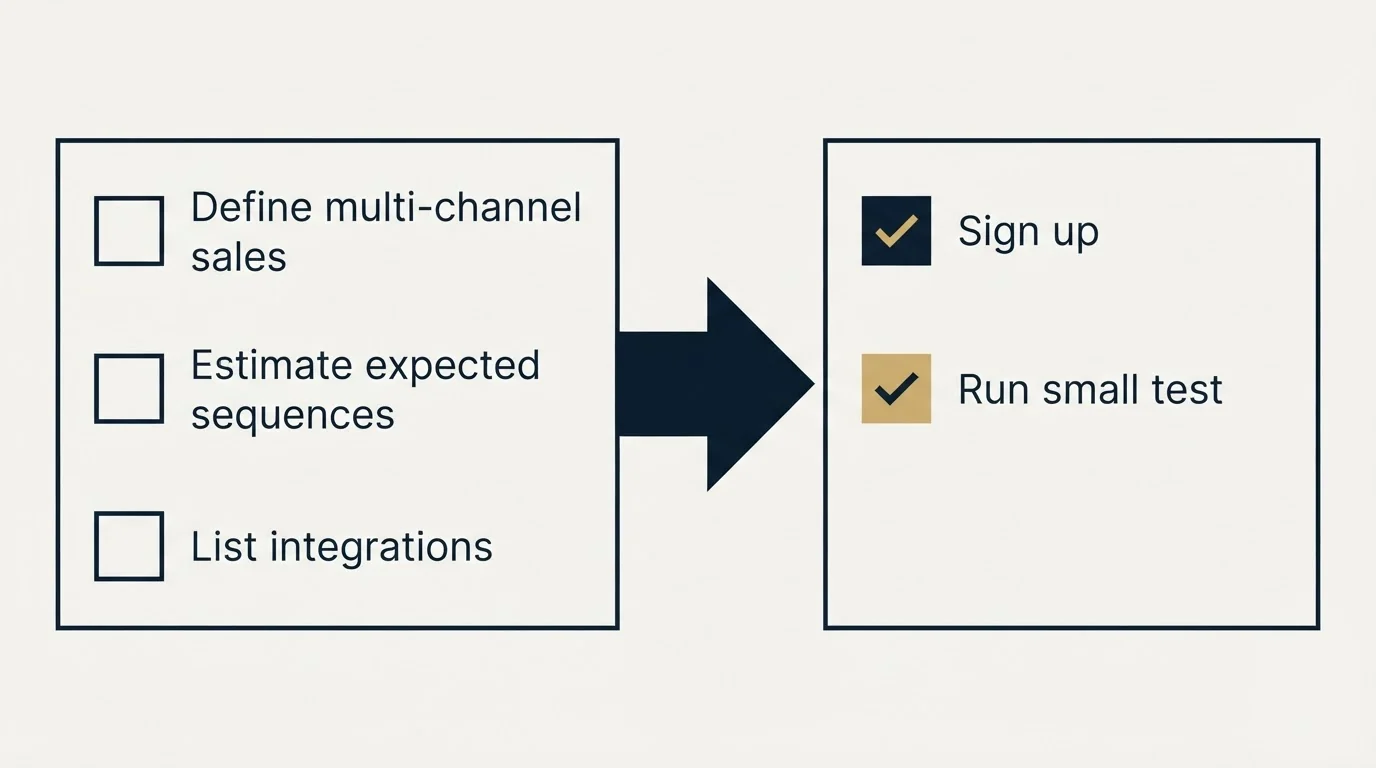 Before-and-after steps: Getting Started Checklist (Define multi-channel sales, Estimate expected sequences, List integrations, Sign up)