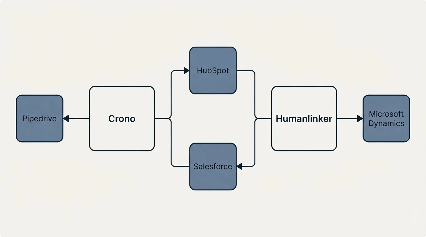 Integration flow: Integration Ecosystem (Crono, Humanlinker, HubSpot, Salesforce)